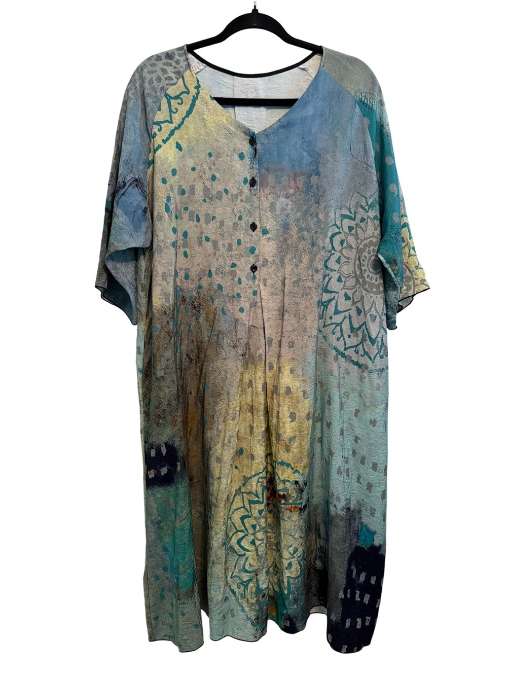 3 Potato Abstract Art to Wear Green Blue Tunic Dress Boho Lagenlook Watercolor